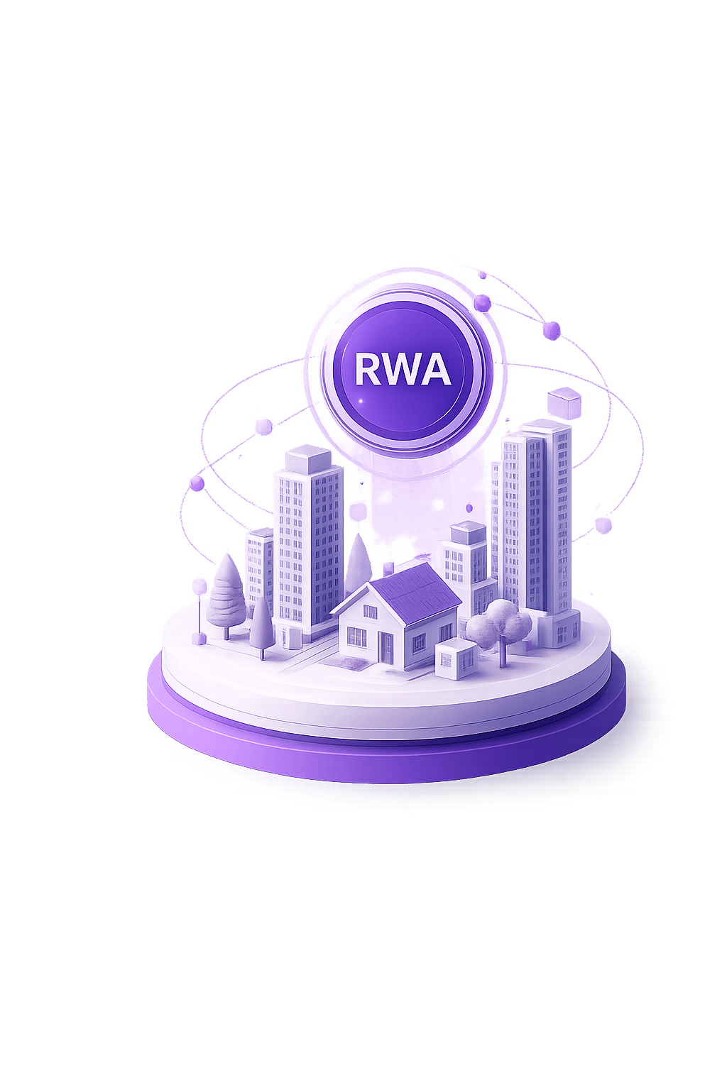 Isometric city of tokenized real world assets beneath a glowing RWA token